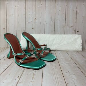Amina Muaddi Lily Crystal Embellished Slide Sandal Turquoise Sz 36.5 / 6.5